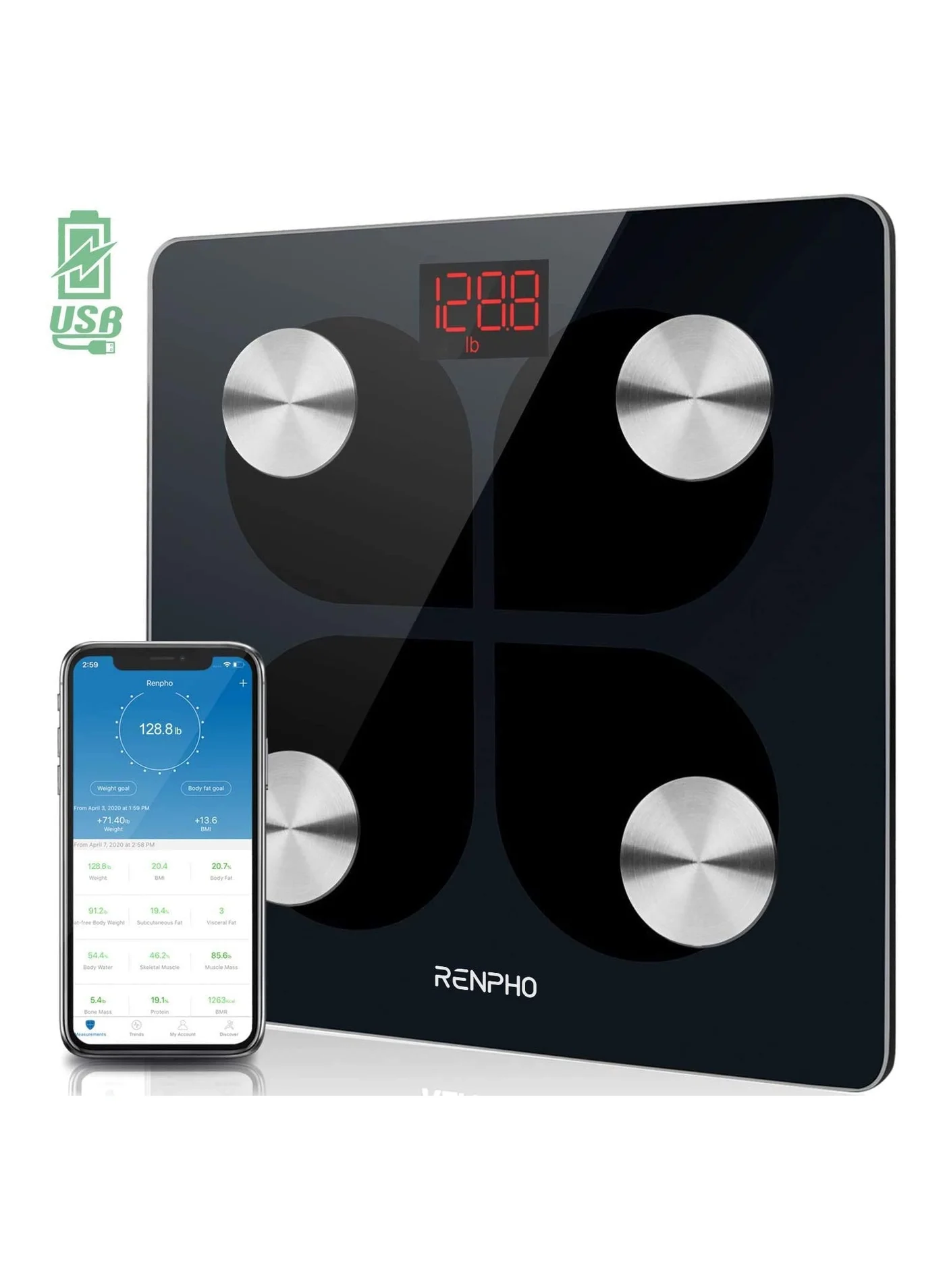 Premium Digital Bluetooth Body Weight Scale with USB Rechargeable Battery (Tempered Glass, 180 kg Capacity) ls9b1