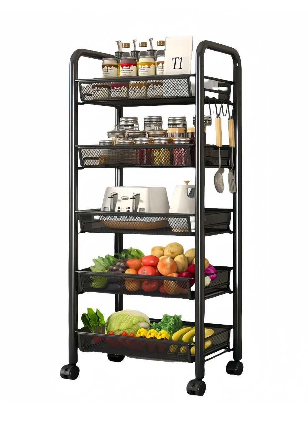 Auraluxi 5-Tier Iron Storage Rack with Wheels, Heavy Duty Rolling Organizer Shelf for Kitchen and Pantry (Black, 150 cm) cbwoh