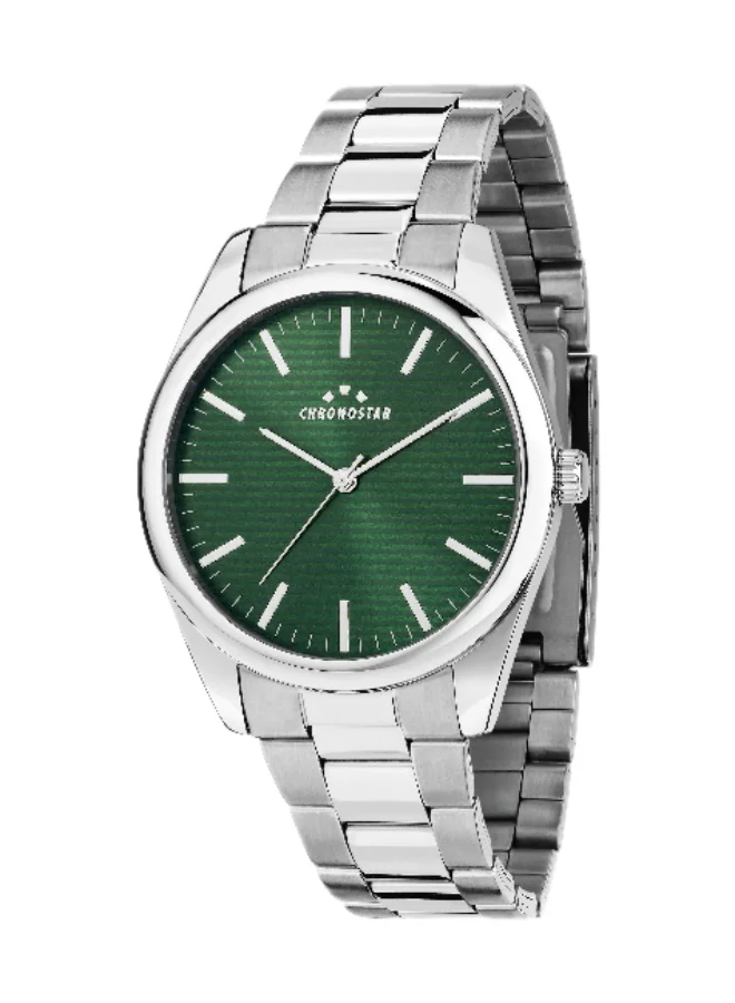 Chronostar Men's Analog Watch Green Round Dial with Silver Stainless Steel Band (39mm) uwr7m