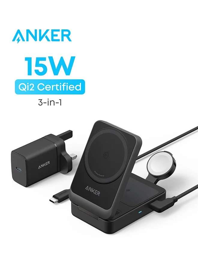 High-Speed 3-in-1 Wireless Charging Station, Premium Qi2 Certified 15W Fast Charger Stand for Smartphones, Smartwatches, and Earbuds (Black, 40W USB-C Power Adapter Included) 1z1l1