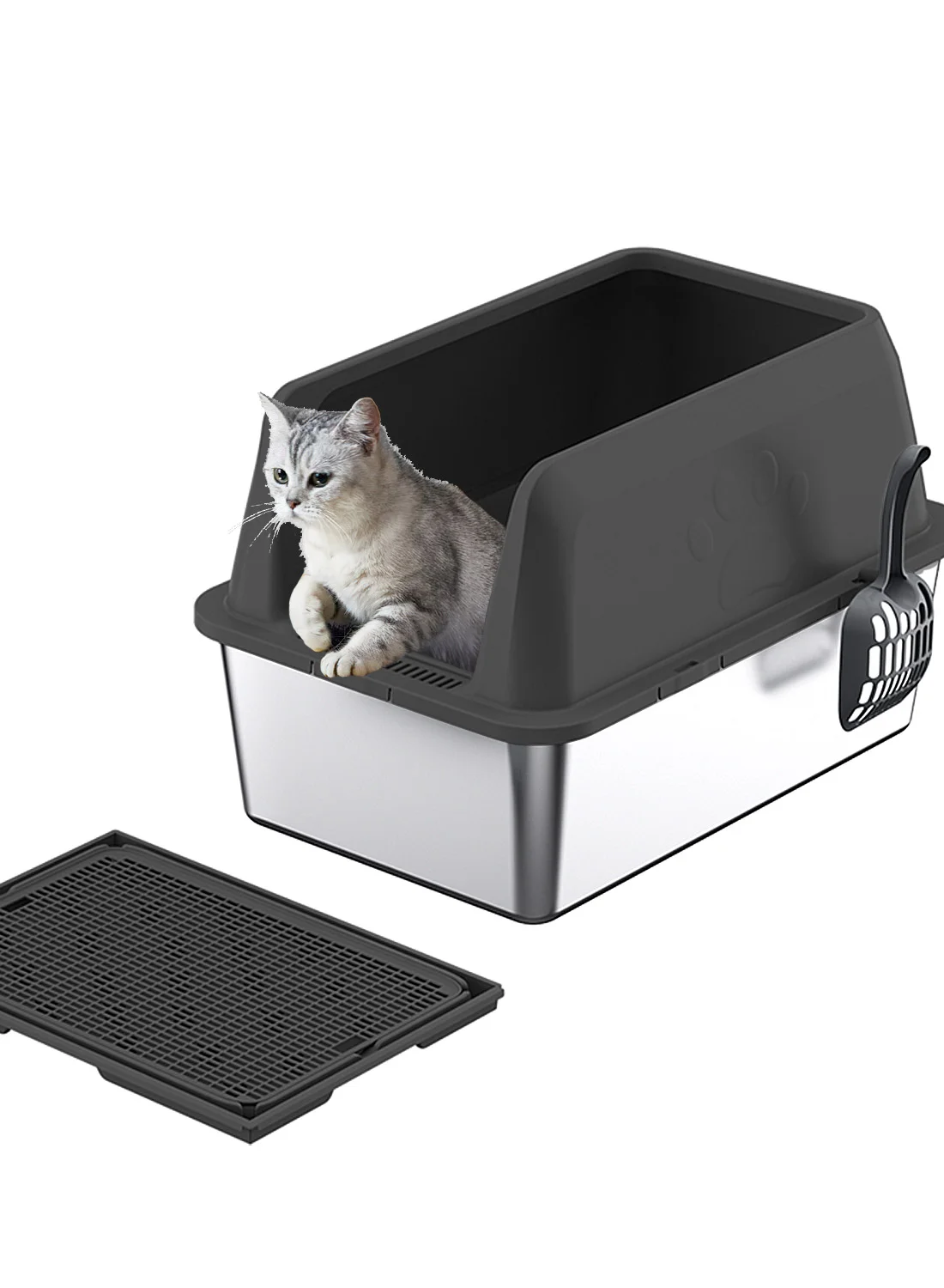 Kidle Large Stainless Steel Cat Litter Box with Scoop High Wall Anti-Splash Tray (Silver, 60x40x15cm) 042nh