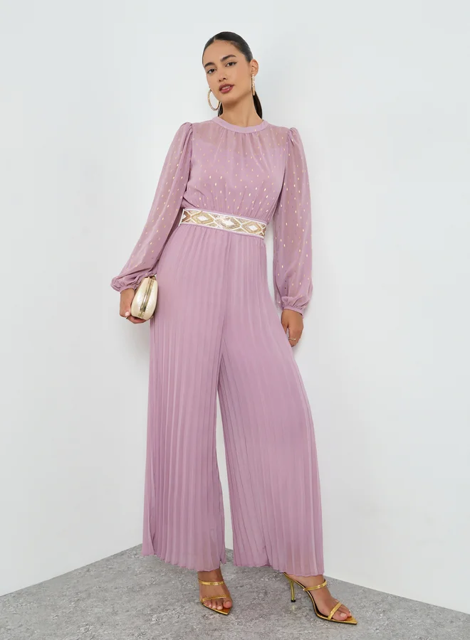 Styli Wide Leg Pleated Jumpsuit with Lurex Detail for Women (Lilac, Medium) 3l7wd