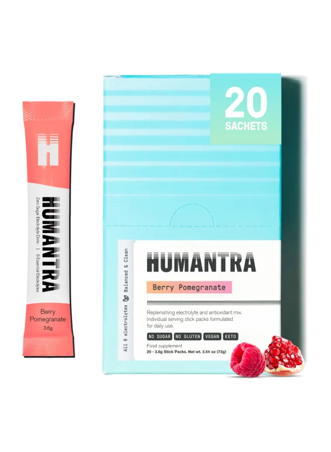 Humantra Berry Pomegranate Electrolyte Hydration Powder (Zero Sugar, Vitamin C & B12, 20 Pack) xbmrl