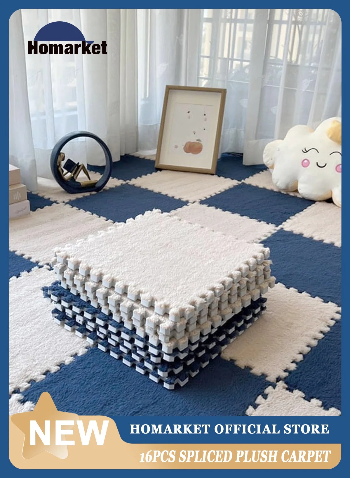 HomarKet Interlocking Foam Floor Mats Plush Carpet Tiles Soft Puzzle Rug for Play Room (Blue and White, 16 Pieces, 30x30x1cm) c65la