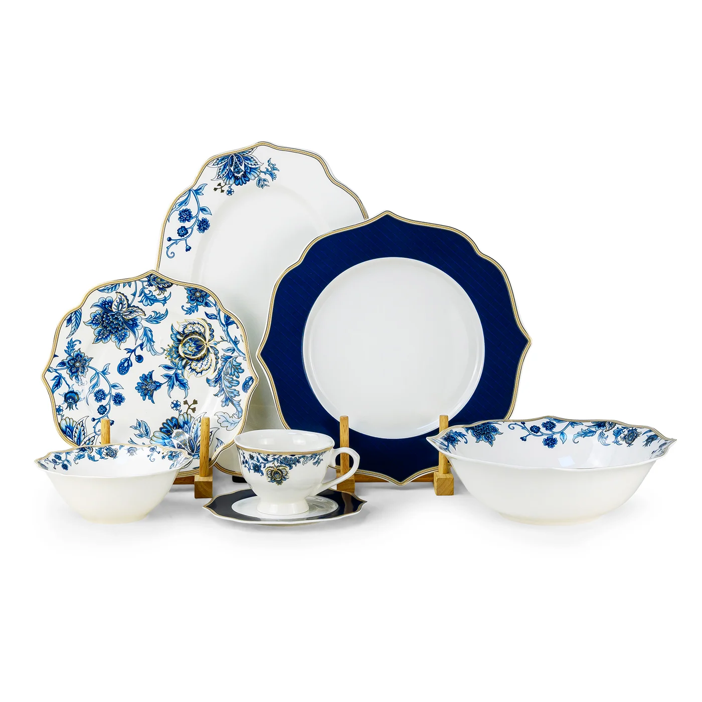 Premium New Bone China Dinnerware Set 32-Piece Floral Pattern Tableware for 6 People (White and Blue, 32-Piece Set) fwgmt