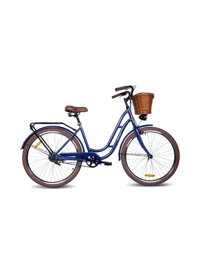 MOGOO Florida Urban City Bike for Women (26-Inch Wheel, Single Speed, Dark Blue) with Wicker Basket and Rear Carrier 2x2eq