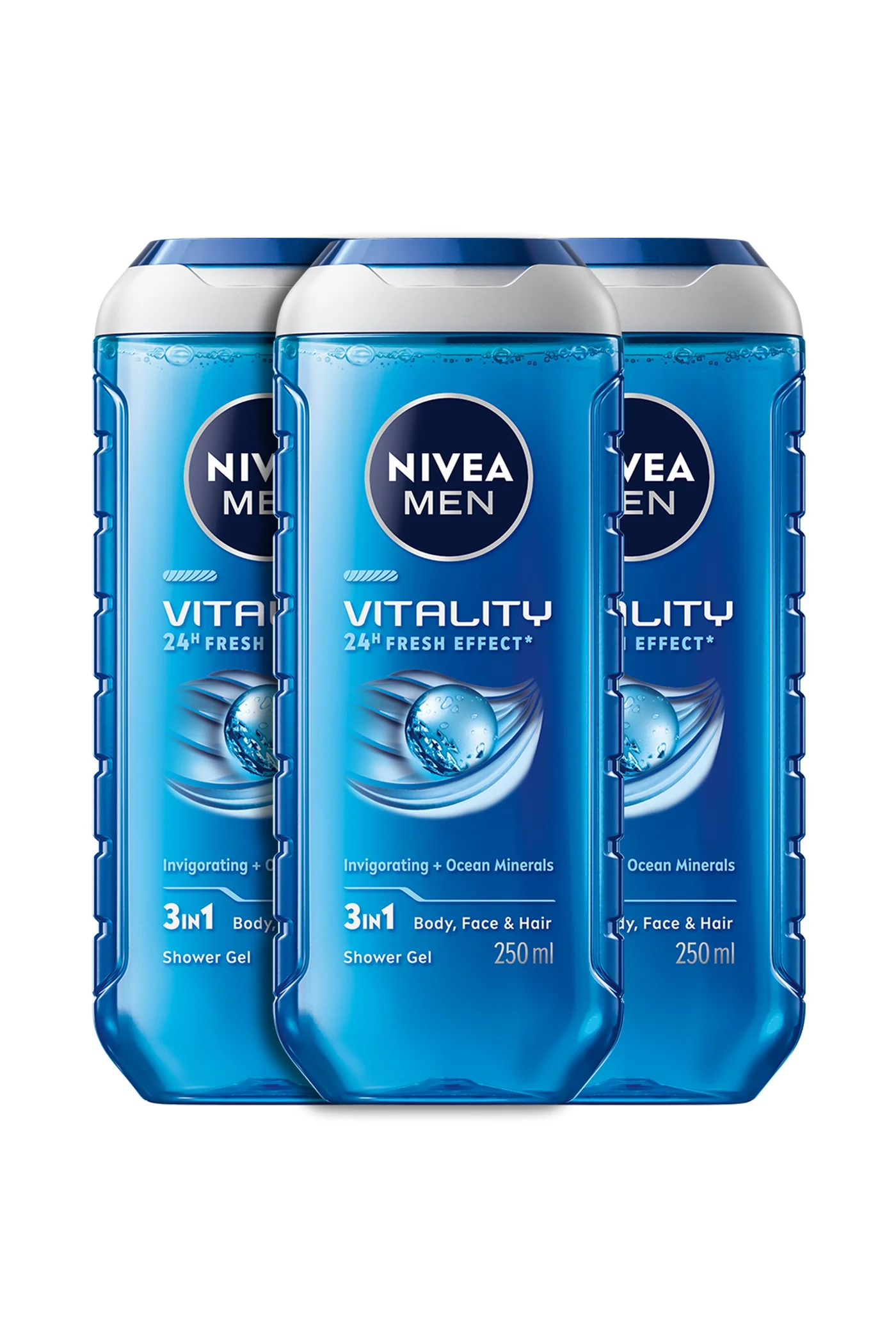 Premium 3-in-1 Vitality Fresh Shower Gel for Men Refreshing Masculine Scent (Pack of 3, 750 mL) h0629