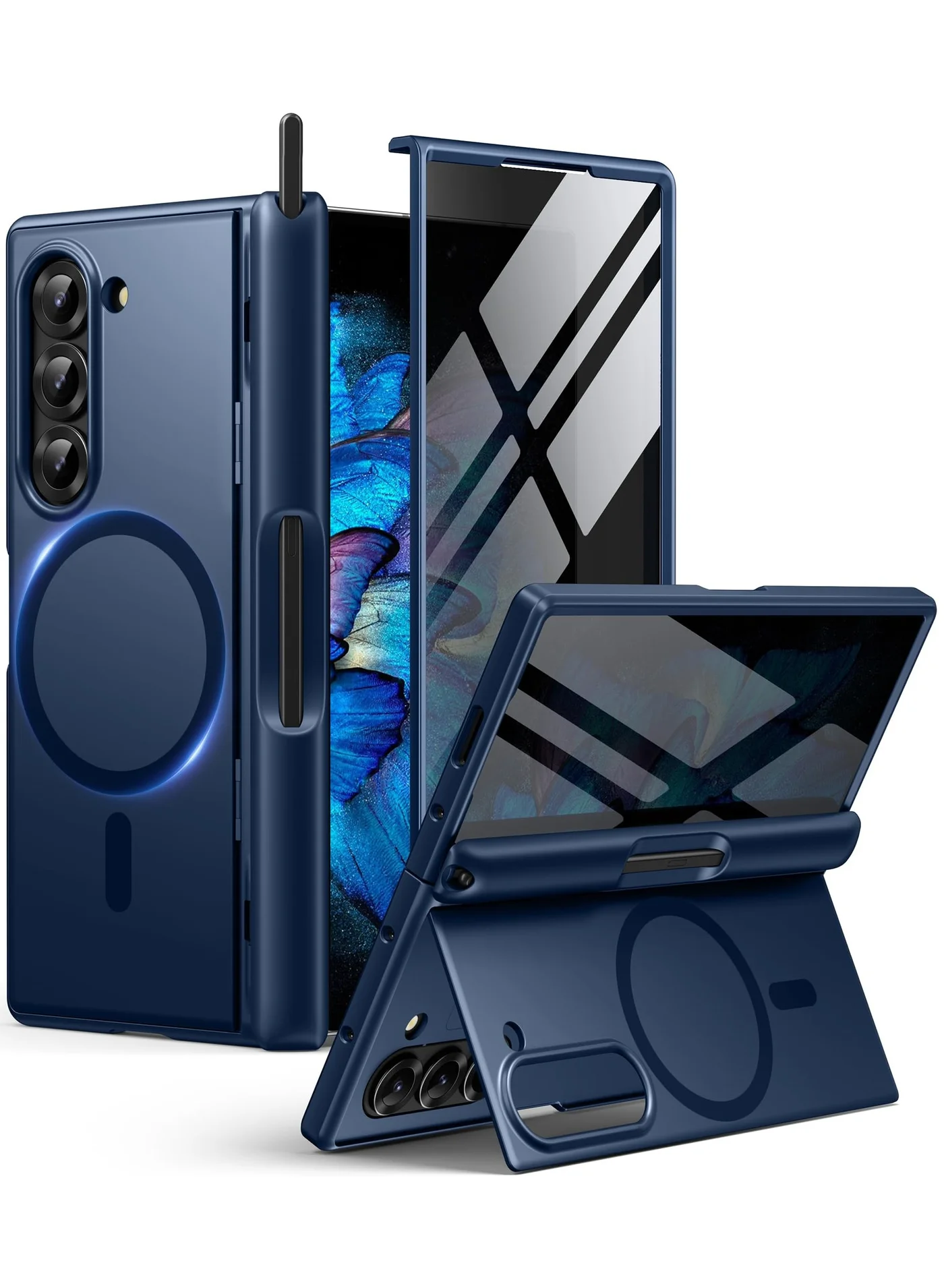 BERFY Rugged Magnetic Case for Foldable Smartphone with Privacy Screen Protector & Kickstand (Blue) lrp3a