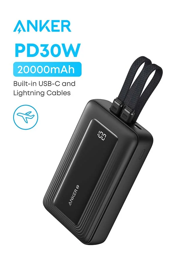 High-Speed 20000mAh Portable Power Bank 30W Fast Charging Battery Pack with Integrated USB-C and Lightning Cables (Black, 20000mAh) 7o1bk