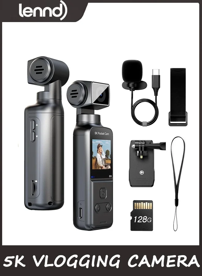 LENND 5K Body Camera with Microphone, 270¡ã Rotating Lens, EIS Stabilization, Portable Vlogging Camera for Meetings and Daily Use (128GB) bx0do