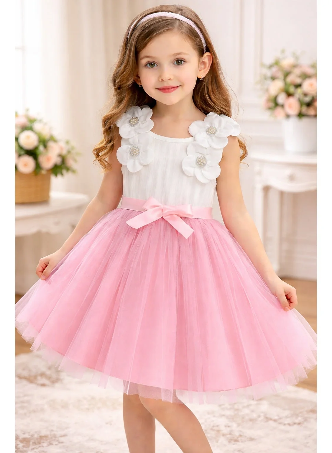 Smarties AE Girls Floral Applique Princess Dress Sleeveless Tulle Skirt for Birthday Wedding (Pink, 3-4 Years) xpg3g