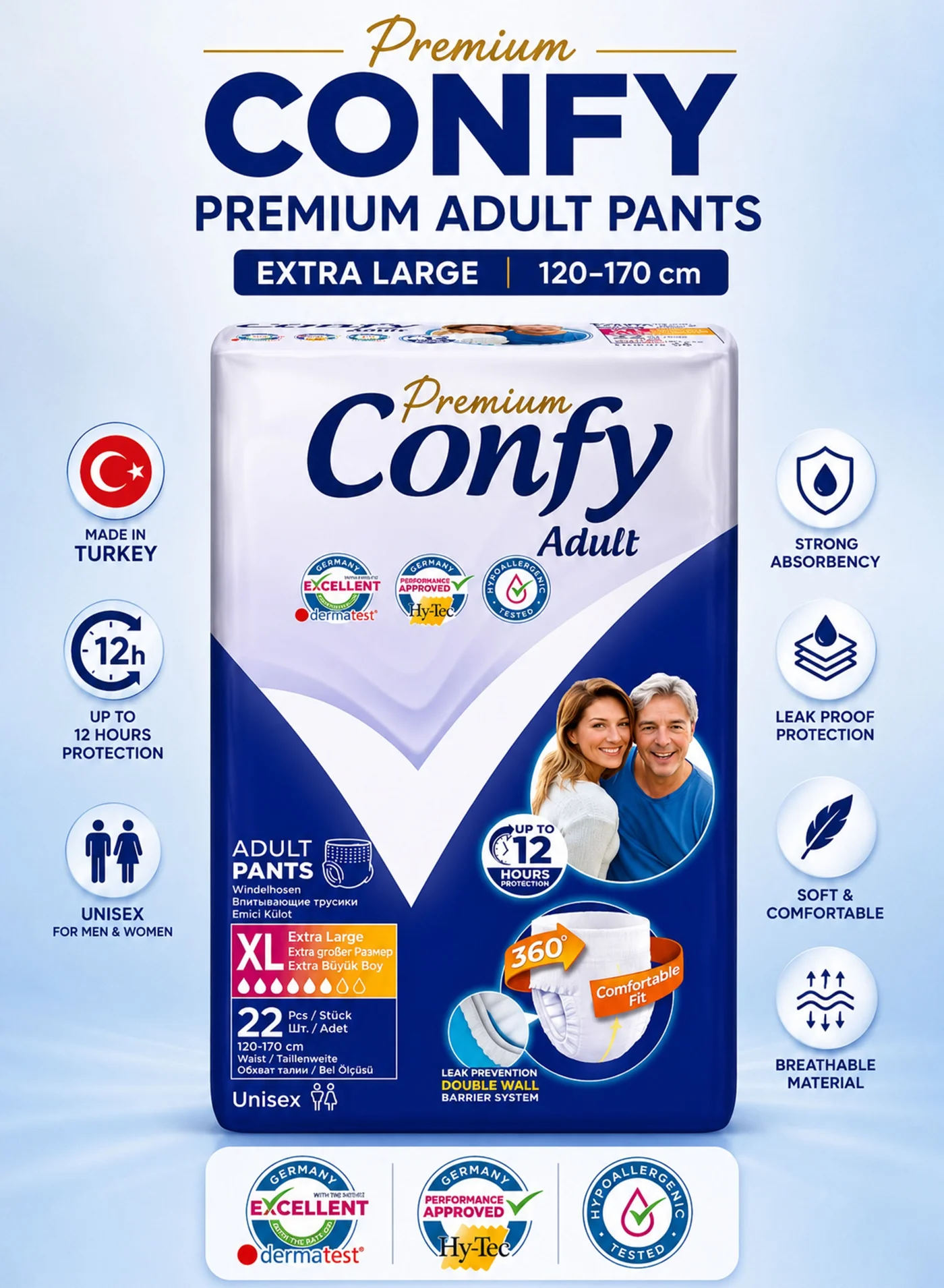 Confy Premium Adult Incontinence Pull-Up Pants Extra Large (Unisex, 22 Pieces, Waist 120-170cm) jnl9b