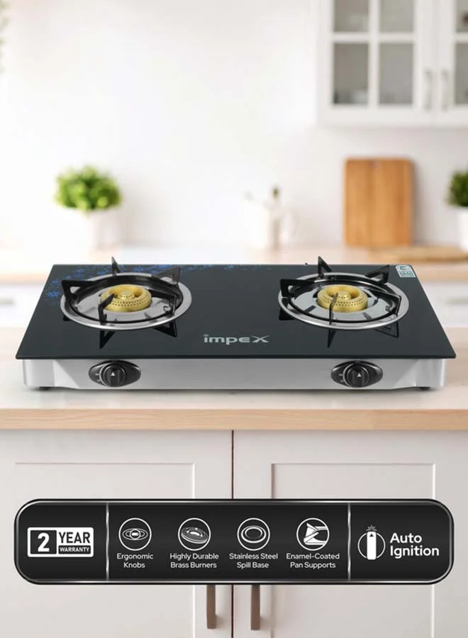 Impex 2 Burner Gas Stove with Auto Ignition, Toughened Glass Top & Stainless Steel Tray (Black/Silver, 2 Burner) 0d1oe