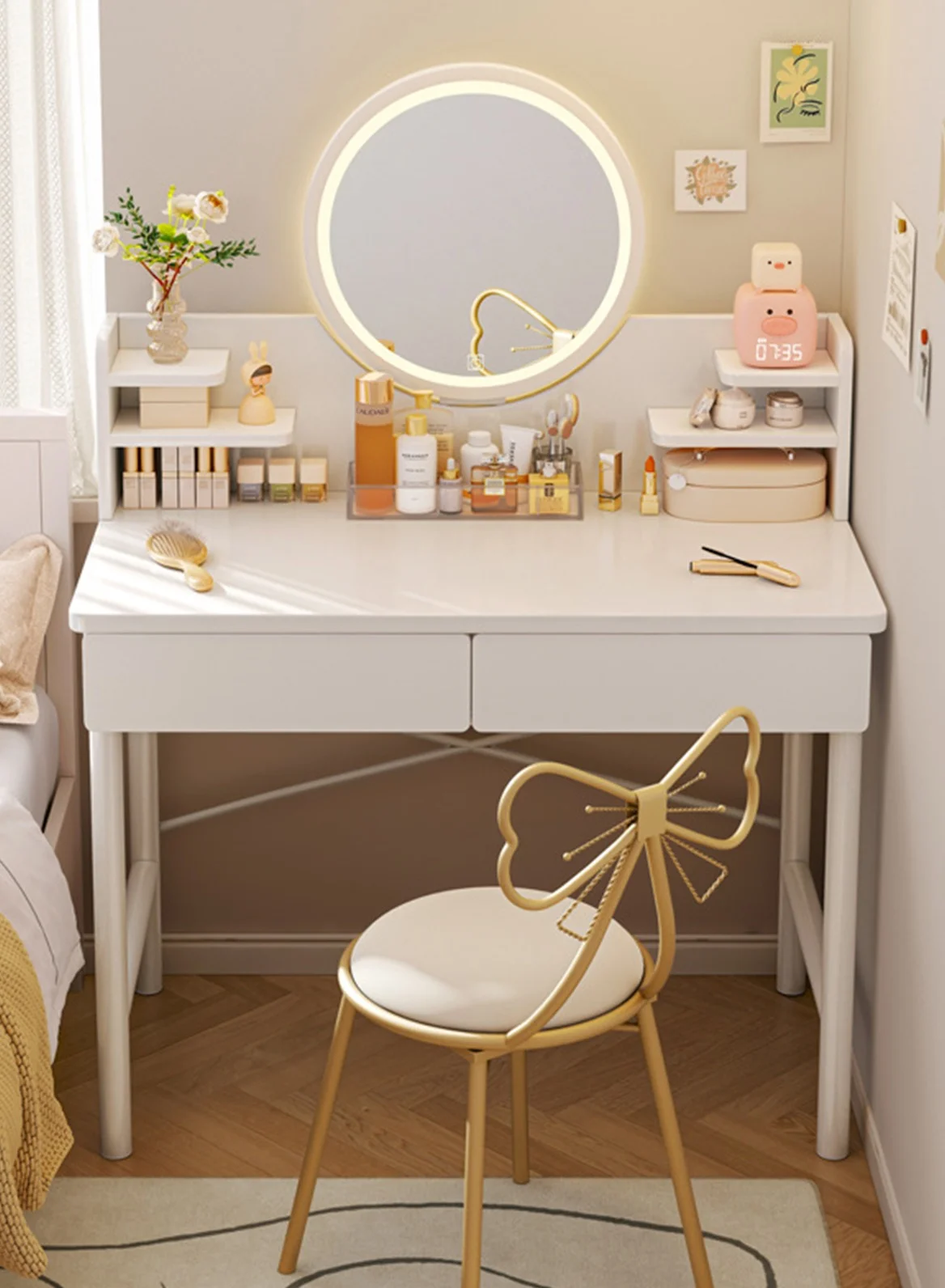 Sharpdo Bedroom Vanity Table with LED Mirror and Storage Drawers (White, 80x40x123cm) i56p1