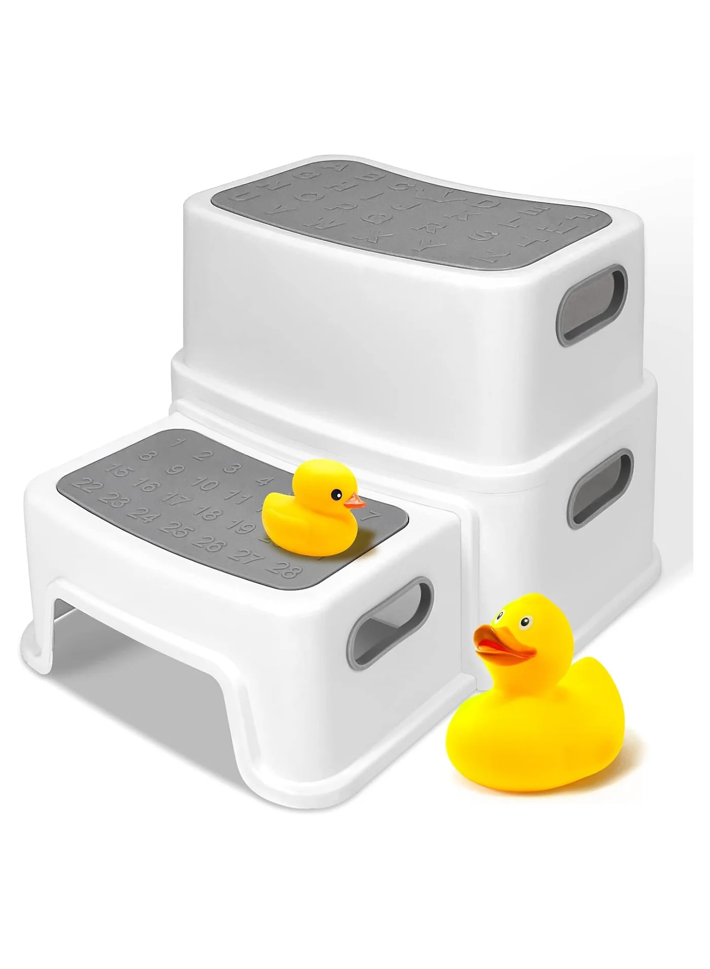 NNEWVANTE Toddler Step Stool with Handles, 2-Step Non-Slip Plastic Stool for Bathroom Sink and Kitchen Counter (Grey) 64woa
