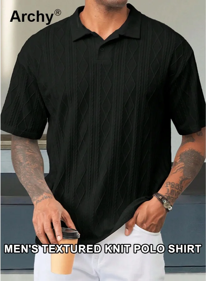 Archy Men's Summer Retro Polo Shirt Textured Knit Short Sleeve Classic Collar (Large) v3zfy