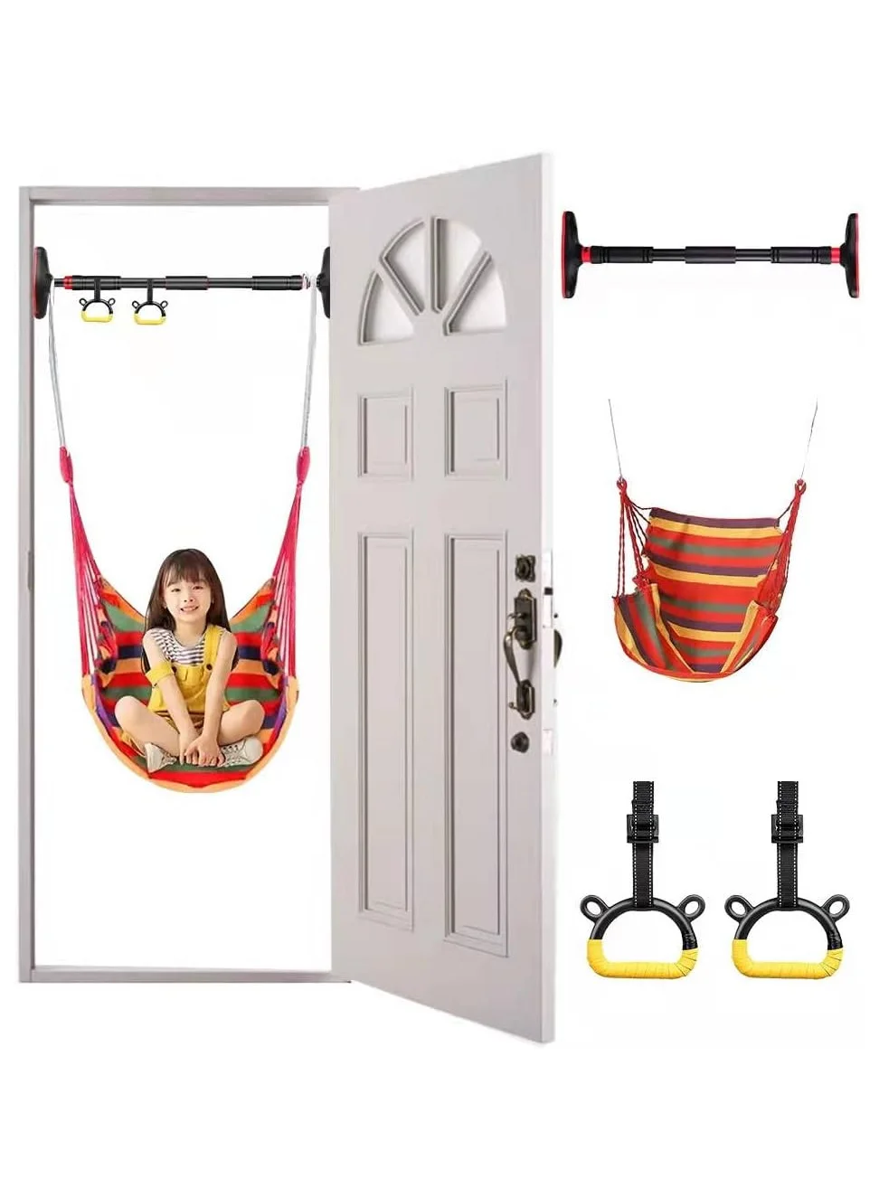 AUTOYSUR Indoor Doorway Gym Set for Kids, Sensory Playground Swing with Rings, Trapeze, Ladder & Pullup Bar (Red, 1 Set) 57w9g