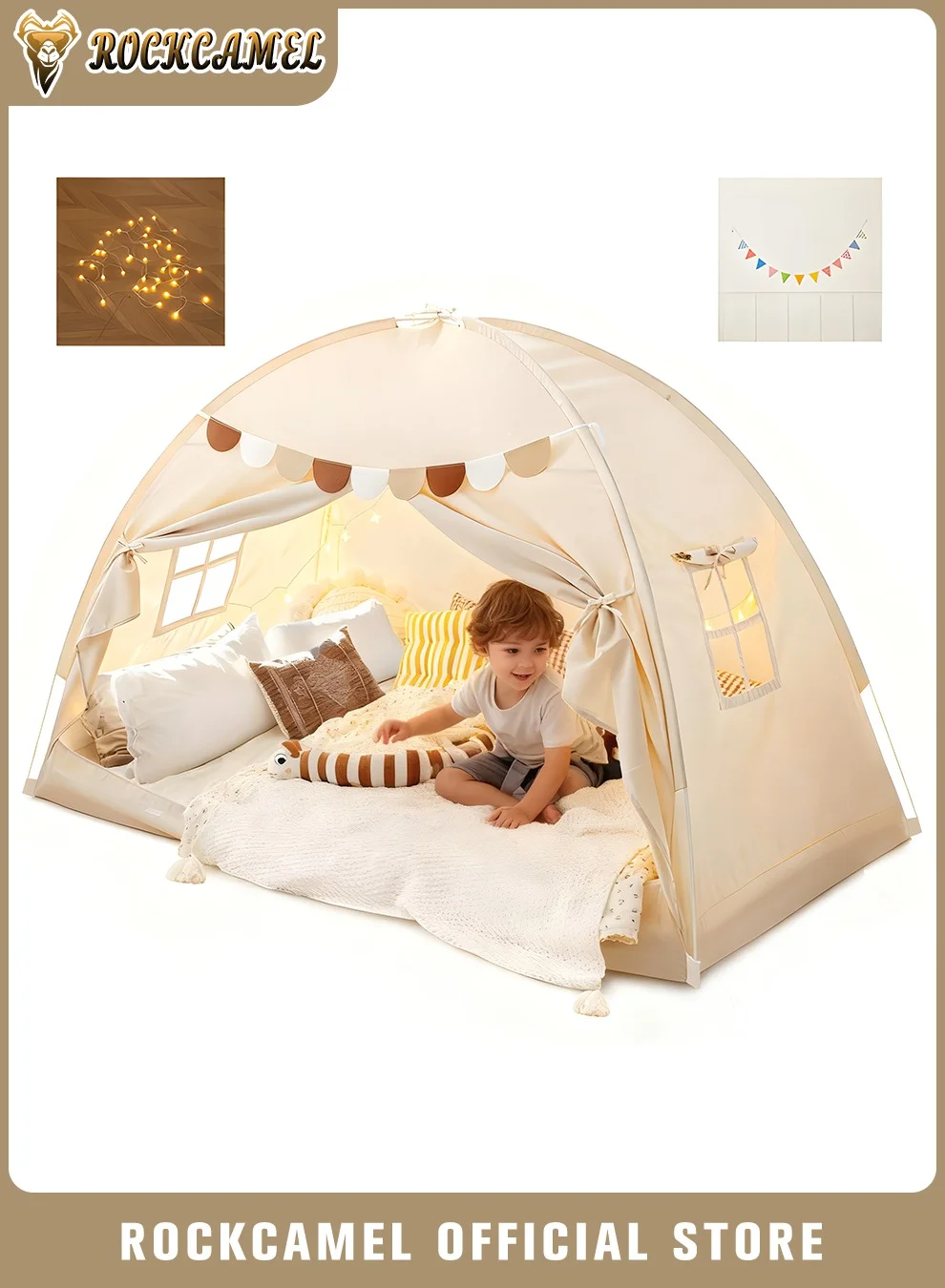 ROCKCAMEL Kids Play Tent Large Indoor Playhouse with Lights and Flags (Beige, 194x98x120cm) 8vjep