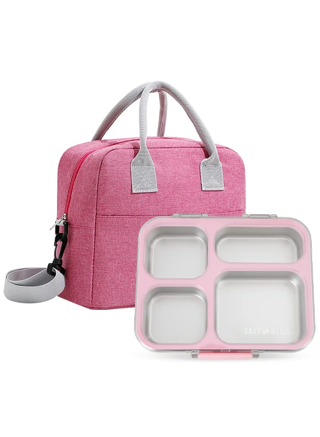 Eazy Kids Stainless Steel Bento Lunch Box with Insulated Bag (Pink, 945 mL) 50err
