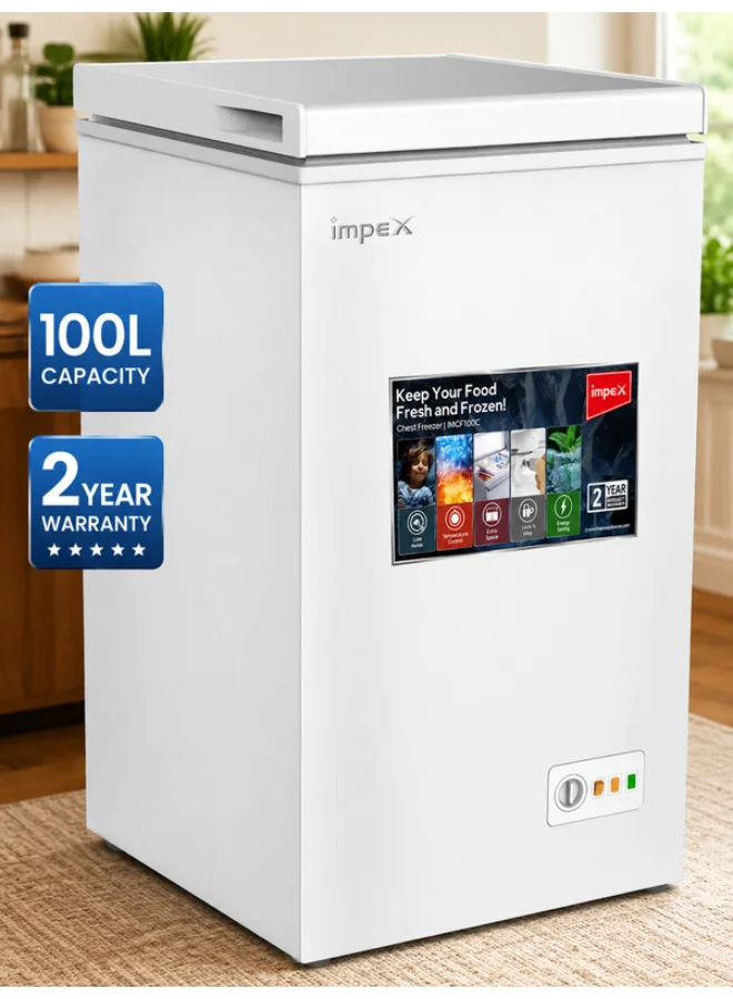 Impex Chest Freezer 100L Capacity Fast Cooling Refrigerator with Lock Handle and Caster Wheels (White, 100L) h1xj9