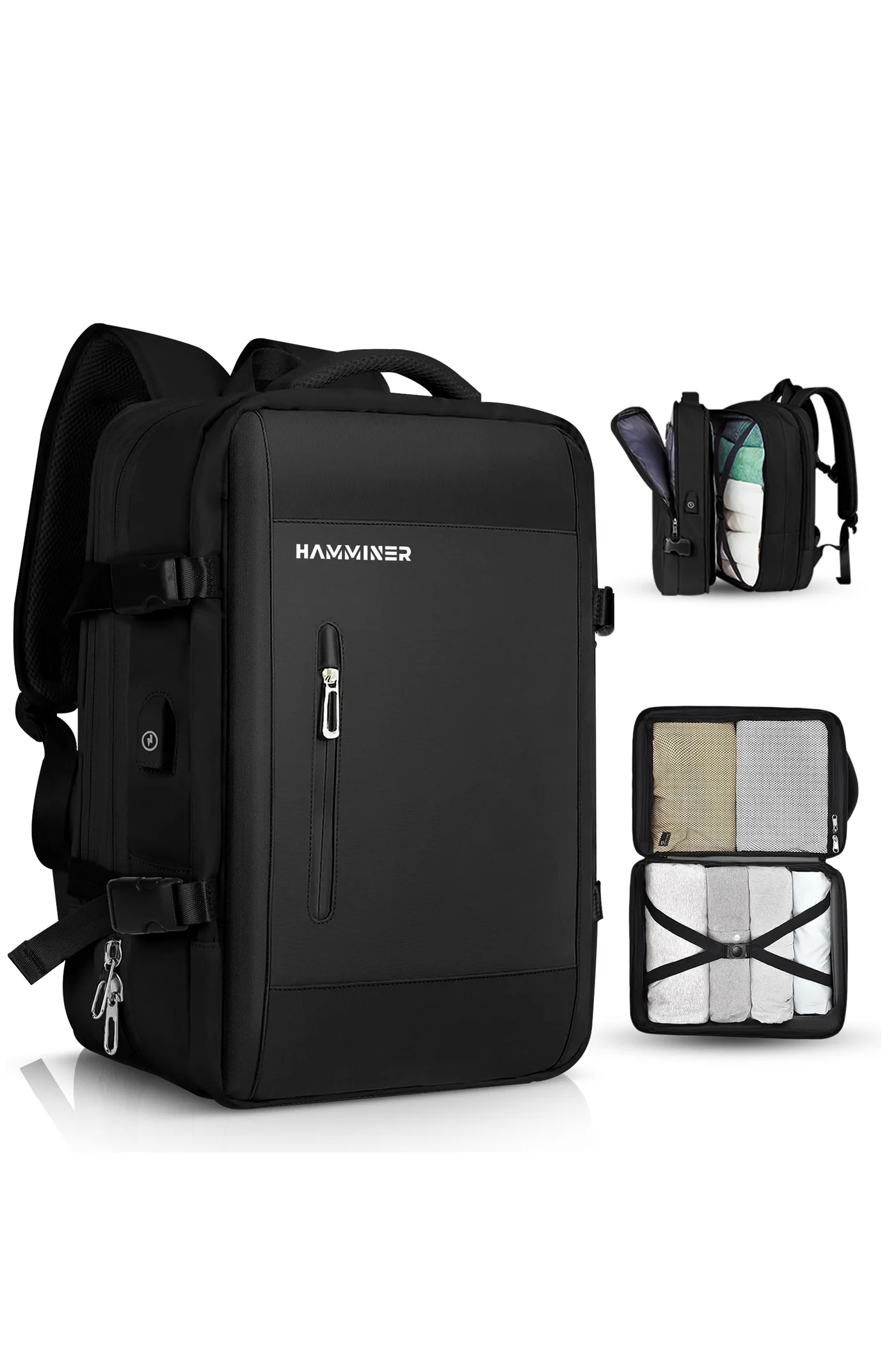 HAMMINER Expandable Travel Backpack, Water-Resistant Carry-On Luggage Bag with USB Charging Port and 17-inch Laptop Compartment (Black, 45cm) n5zz0