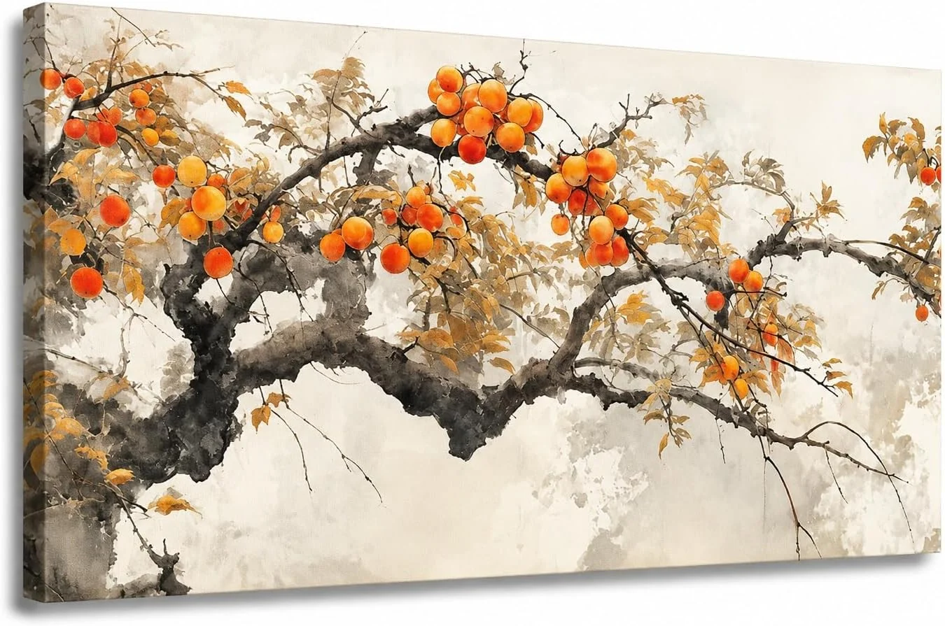 Vintage Persimmon Tree Canvas Wall Art Japanese Ink Painting Floral Branch (Orange, 60x90cm) Panoramic Traditional Asian Framed Picture for Living Room gu8ta
