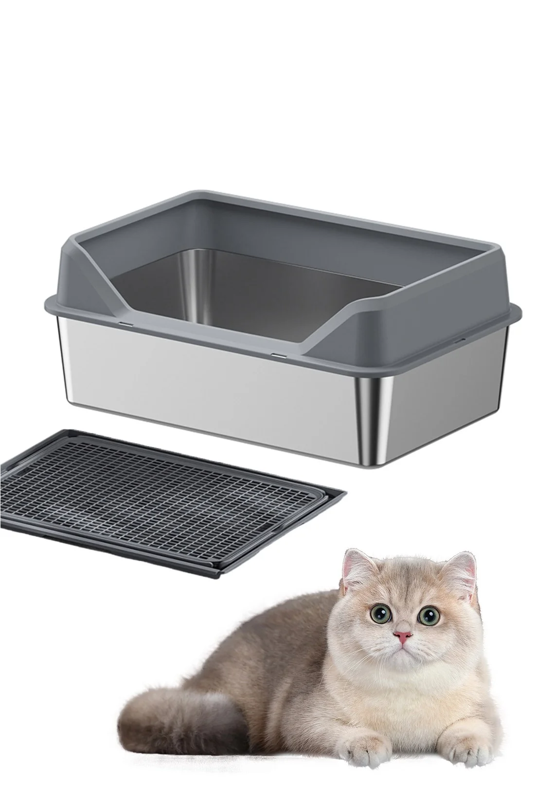 Kidle Stainless Steel Cat Litter Box Large Capacity High Wall Tray (Silver, 50x35x15cm) lrta1