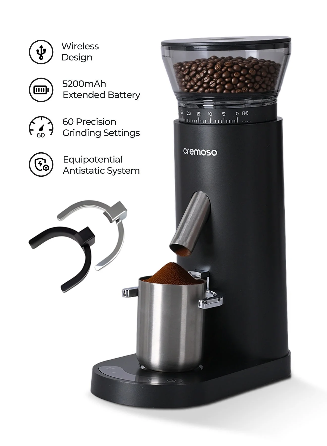CREMOSO Cordless Electric Coffee Grinder with 60-Speed Settings, Professional Tapered Stainless Steel Burrs, Anti-Static System (130g Capacity) aa0cw