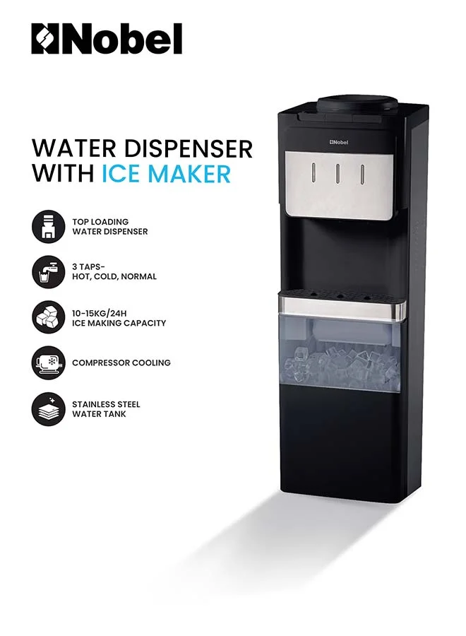 Nobel Water Dispenser with Built-in Ice Maker 3-Tap Hot Normal Cold Stainless Steel Tank (Black, 700W) dtenh