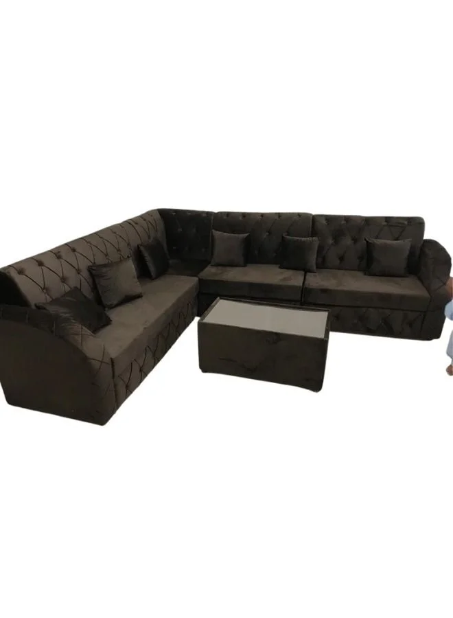 Maharat Al Bahar L Shaped Sofa Set 6 Seater with Cushions and Coffee Table (Dark Brown, 250x80x80 cm) 2bhxe