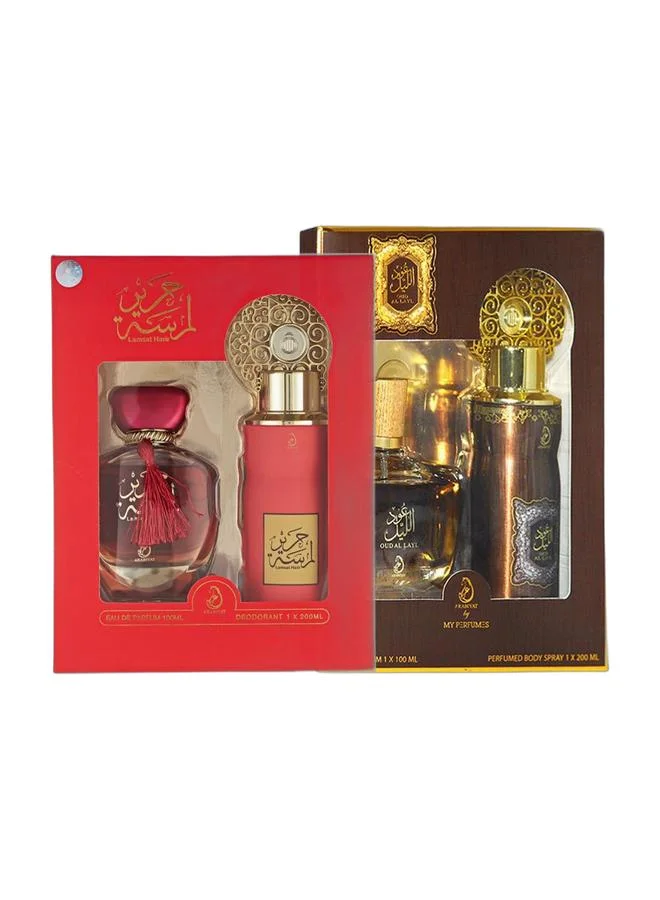 ARABIYAT Fragrance Gift Set Duo (Lamsat Harir & Oud Al Layl EDP 100mL, Body Spray 200mL) - 4 Piece Collection 2d5y8