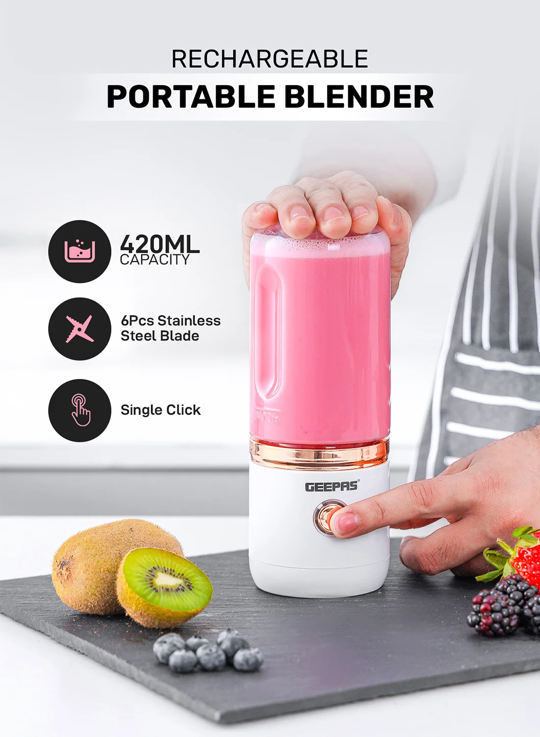 Geepas Rechargeable Portable Juicer Blender with Stainless Steel Blades (White, 420 mL) oz2e6