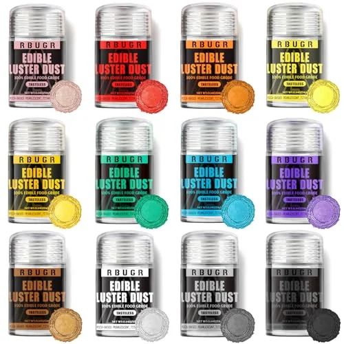 RBUGR Edible Luster Dust Glitter Set (12 Colors, 48g) Premium Shimmer Powder for Cakes, Cocktails, and Baking nlric