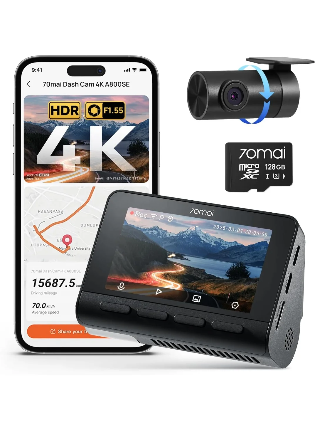 Premium Dual Dashcam 4K UHD Front and 1080P Rear Camera System with GPS WiFi and 128GB SD Card (3 Inch IPS Display) 810tu