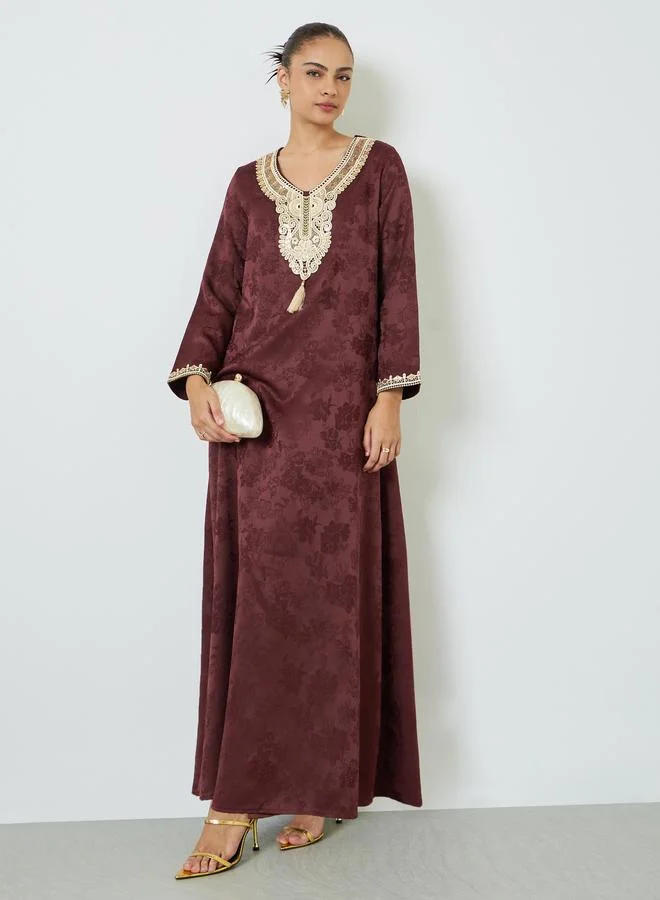 Amirah Burgundy Lace Insert Embellished Jalabiya Premium Traditional Kaftan Dress for Women (One Size) qg2b9