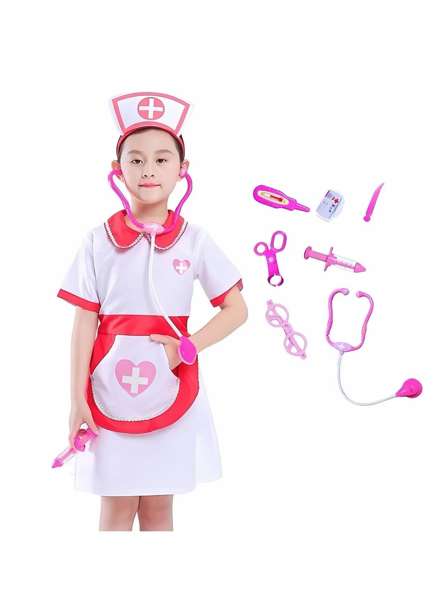 Premium Nurse Costume Dress for Girls 8-Piece Role Play Outfit with Accessories for School Cosplay and Theme Parties (One Size) dfqp2