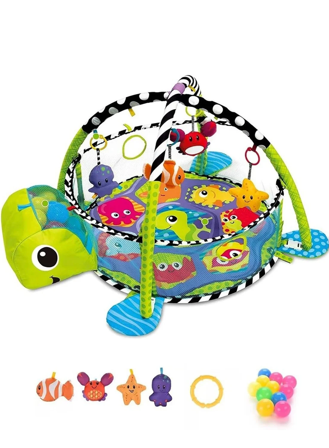 VTERLY Turtle Baby Play Mat with 30 Ocean Balls and 4 Marine Animal Toys, Sensory Activity Gym for Infants and Toddlers (90 cm x 90 cm) mfzkx