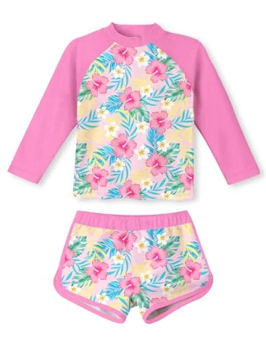 Vogseek Girls Rash Guard Swimsuit Long Sleeve Hawaiian Floral Print Set (Pink, 4T) enl9c