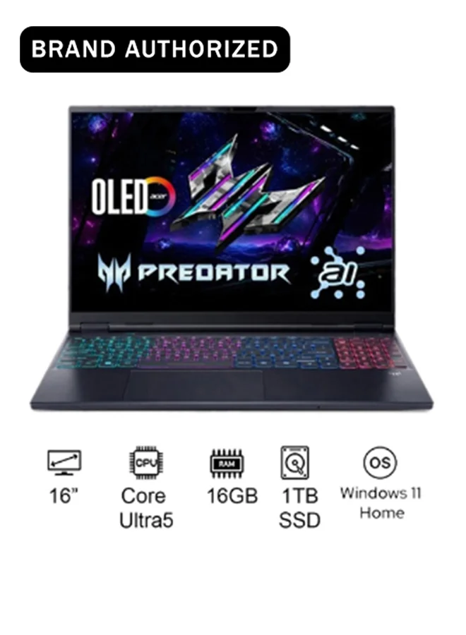 Premium 16-inch Gaming Laptop 14th Gen Intel Core Ultra 9 24-Core Processor 16GB RAM 1TB SSD 8GB Graphics 180Hz WQXGA Display English/Arabic Keyboard (Obsidian Black) y5ib0