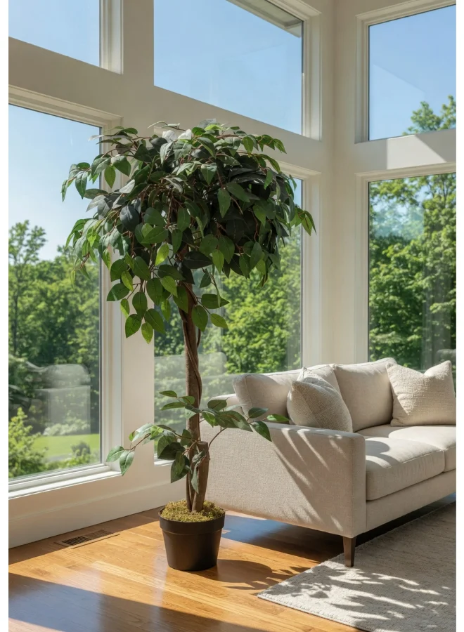 Noon East Artificial Ficus Tree with Pot (Green, 120cm) Premium Lifelike Indoor Floor Plant for Home and Office Decor adh0d