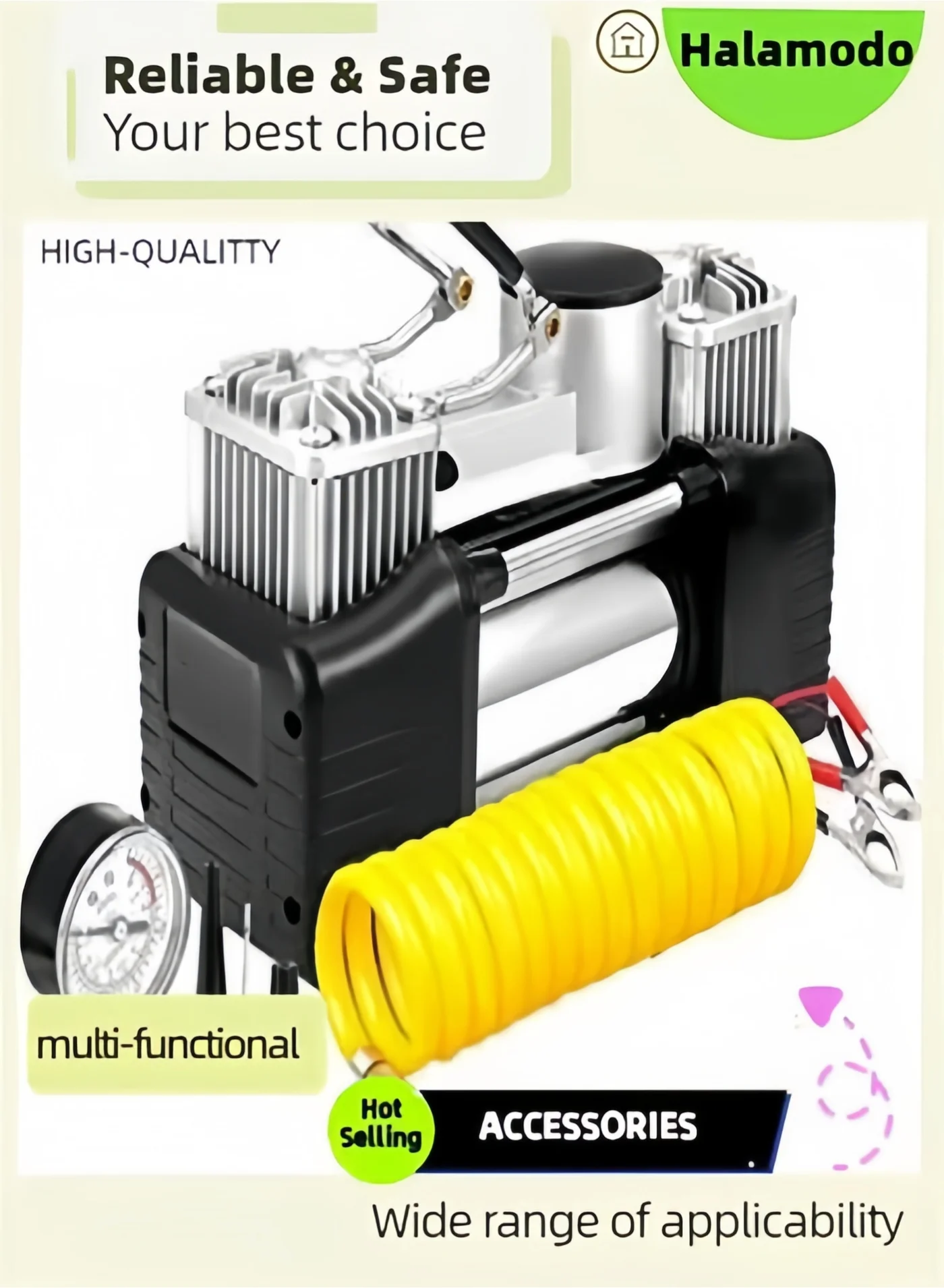 Halamodo Portable Tire Inflator 150 PSI Electric Air Compressor for Car and Bike (12V, Compact) 6jg9z