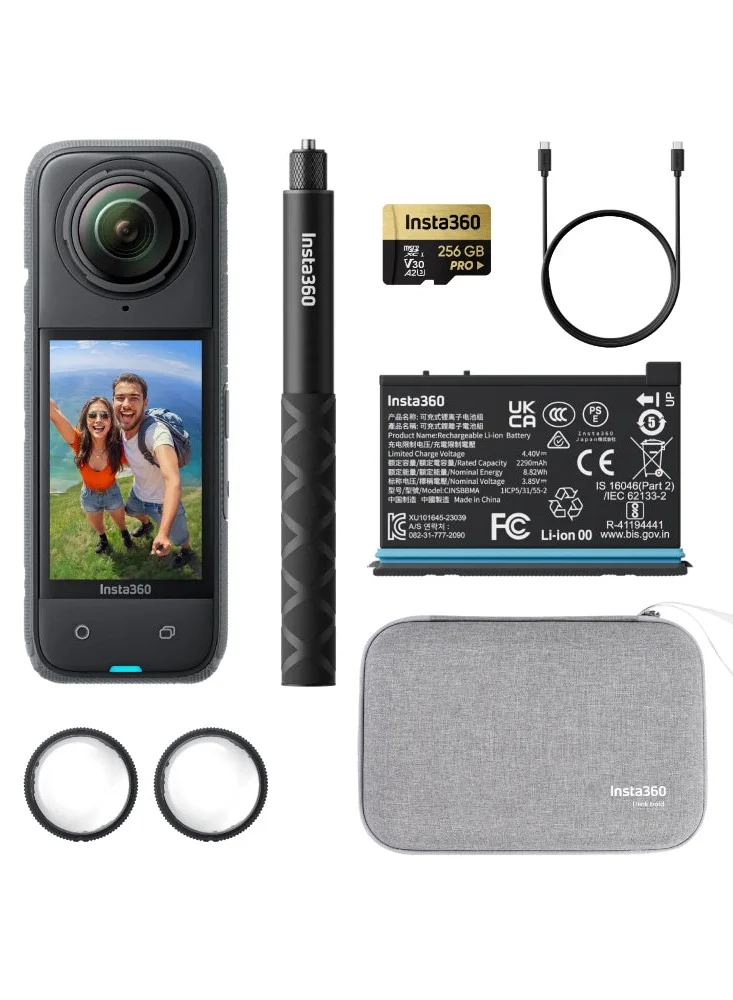 Premium 8K 360 Action Camera Adventure Bundle with Invisible Selfie Stick and Lens Guards (Black, 256GB) r4zdc