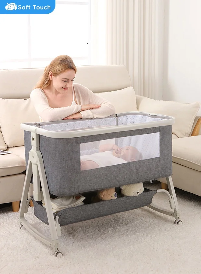 Soft Touch 4-in-1 Foldable Baby Bedside Crib with Storage Basket and Mosquito Net (Grey, 90x50x80 cm) e2558