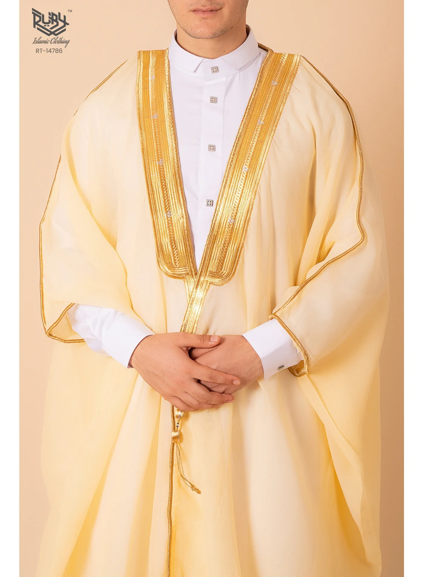 RUBY ISLAMIC CLOTHING Men's Bisht Robe Premium Embroidered Chiffon Kaftan Long Sleeve Loose Fit Formal Thobe (Black, One Size) 87t3r