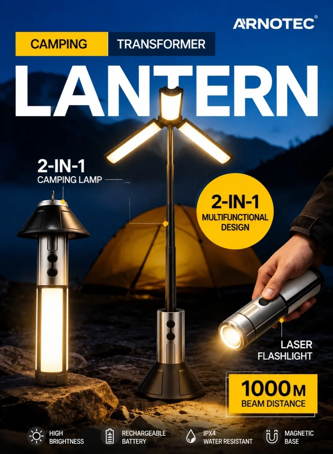 ARNOTEC Multifunctional Telescopic Camping Lantern & Flashlight 2-in-1, 270¡ã Adjustable Warm Light, 51.8cm Extendable Pole, 3000mAh Type-C Rechargeable (White) uq3nb