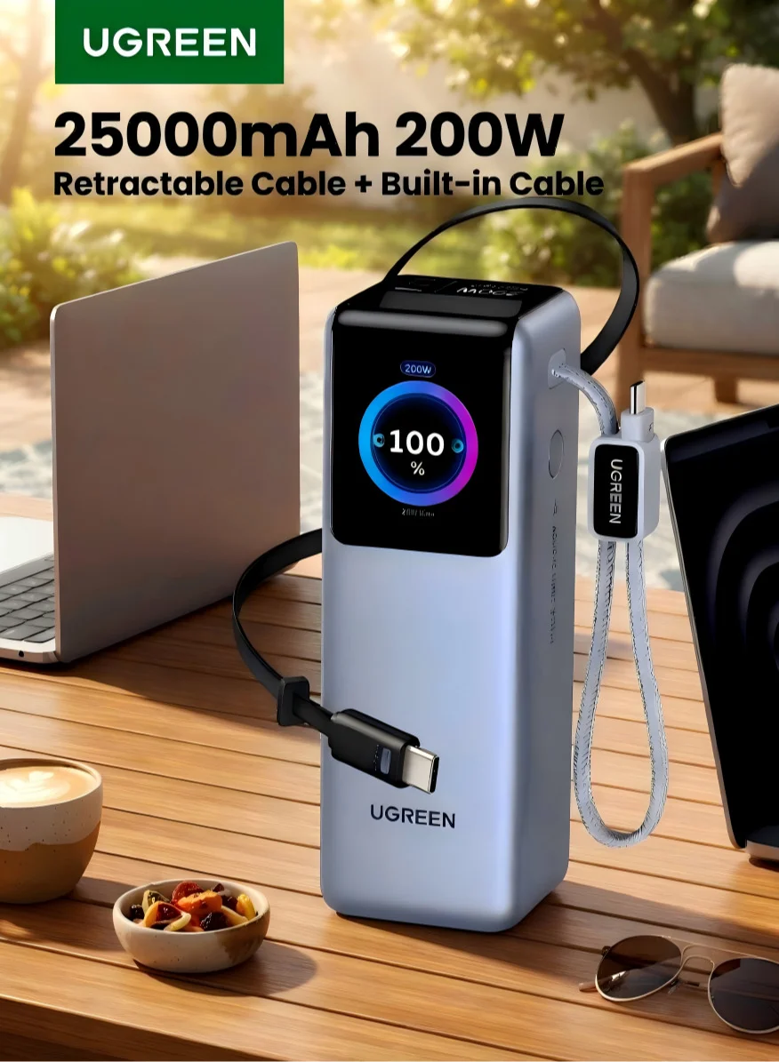 Premium 200W Portable Power Bank 25000mAh High-Capacity External Battery with Dual Built-in USB-C Cables and TFT Digital Display (25000mAh) 91s6x