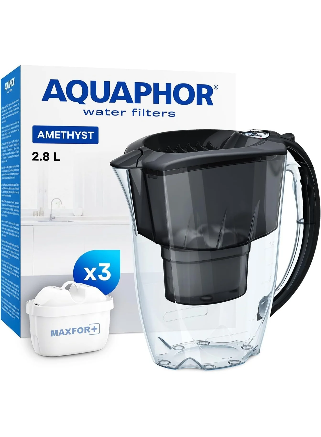Aquaphor Amethyst Water Filter Jug with 2 Replacement Cartridges (2.8L, Black) Premium BPA-Free Purifier for Home and Office 26jto