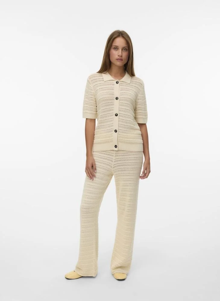 VERO MODA Knit Cardigan Polo Neck Long Sleeve Sweater (Premium Soft Fabric, Women, Beige, M) pnpn2