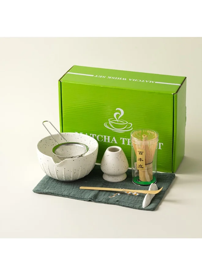 GuRiver 7 Piece Matcha Tea Set Traditional Bamboo Whisk and Ceramic Bowl Kit (White, 7 Piece) c91il