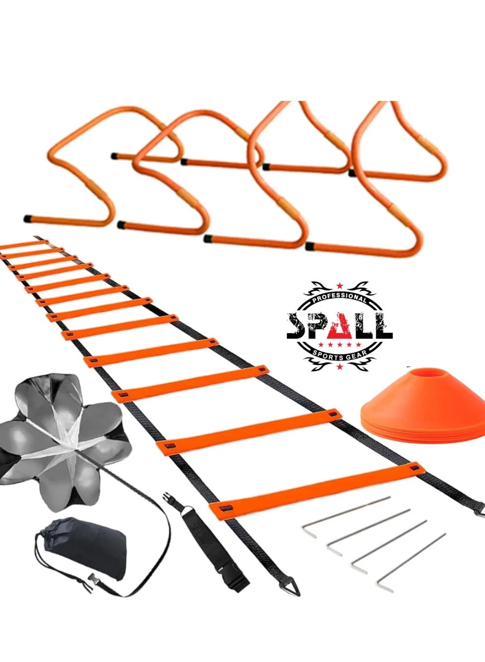 Spall Speed & Agility Training Set with 6m Ladder, 5 Disc Cones, 4 Hurdles (23cm) & Running Parachute for Football Hockey Athletes 3x47e
